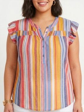 Zac & Rachel Women's Multicolor Striped Ruffle Sleeve Blouse 1X